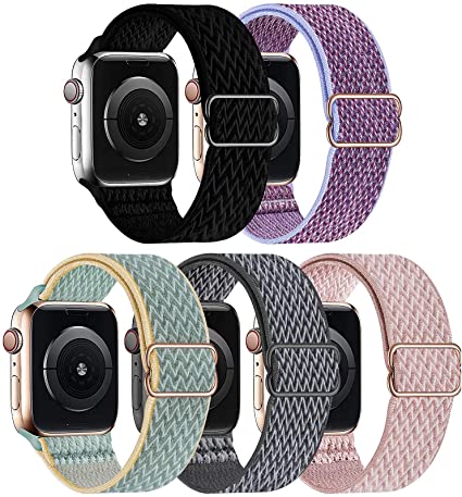 GBPOOT 5 Packs Nylon Stretch Band Compatible with Apple Watch Bands,Adjustable Soft Sport Breathable Loop for Iwatch Series 6/5/4/3/2/1/SE,Black/Lilac/Sunshine/Storm Gray/RosePink-38/40mm