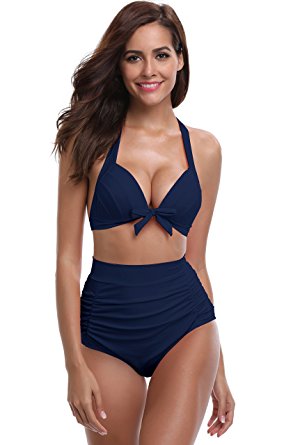 SHEKINI Women's Vintage Swimsuit Ruched Swim Bottoms Push up Triangle Halter Bikini Top Twp Piece High Waisted Swimwear