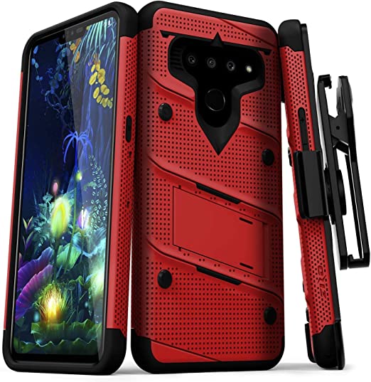 ZIZO Bolt Series LG V50 ThinQ 5G Case | Military-Grade Drop Protection w/Kickstand Bundle Includes Belt Clip Holster   Lanyard Red Black