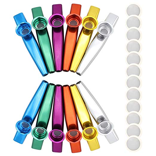 Petift 6 Colors 12 Pack Metal Kazoo Musical Instruments Flutes Companion With 12 Pieces Kazoo Diaphragms for Guitar,Ukulele, Violin, Piano Keyboard for Kids Music Lovers