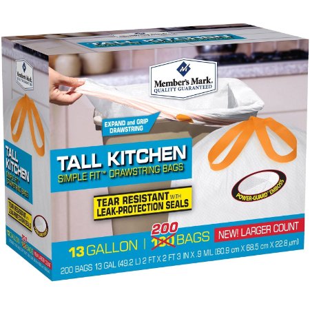 Member's Mark Tall Kitchen Simple Fit Drawstring Bags, 13 gallon, 200 Count