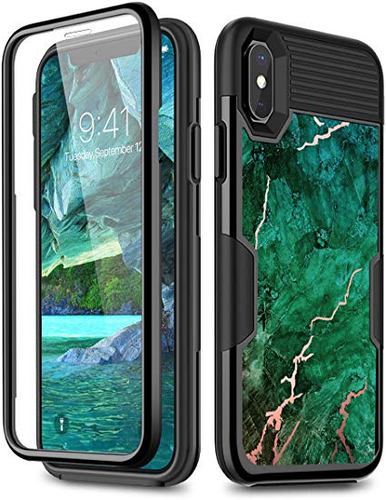 iPhone Xs Max Case, [Built-in Screen Protector] WeLoveCase Full-Body Rugged Case with Glossy Marble Pattern Shockproof 3 in 1 Hybrid Soft TPU Bumper   PC Back Cover for iPhone Xs Max Green Marble
