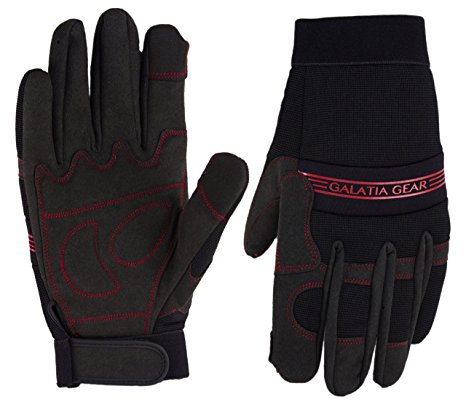 Synthetic Leather Work Gloves- Touch Screen Functional- Mechanic/Machine/Tactical/Utility - Tear Vibration Temperature Cut Resistant- Reinforced- Red/Black- One(1) Pair- [Large]