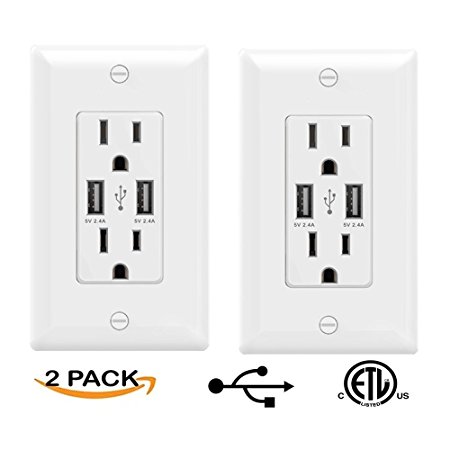 [2 Pack] USB Wall Outlet, WEBANG 2.4 A/5V Dual USB Wall Socket Smart High Speed USB Charger Electrical Outlet 15Amp/125V Receptacle Wall Plate with Screw