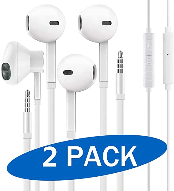 (2 Pack) Aux Headphones/Earbuds 3.5mm Wired Headphones Noise Isolating with Built-in Microphone & Volume Control Compatible with iPhone 6 SE 5S 4 iPod iPad Samsung/Android MP3 …