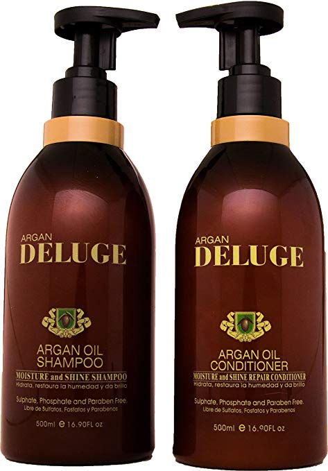 DELUGE - All Natural Argan Oil Shampoo and Conditioner. Sulfate and Paraben Free. Ultra Moisture and Shine Repair, Volumizing- Keratin and Color Safe. DUO SET of 16 oz EACH