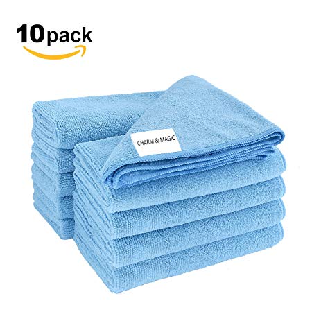 CHARM & MAGIC Lint Free Microfibre Cleaning Cloths Large Absorbent Streak Free for Polishing Dusting Washing Pack of 10 Units (10 Blue 40 x 40CM)