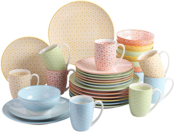 vancasso, Series NATSUKI, Porcelain Dinnerware Set, 32 Pieces Ceramic Dinnerware Set Service for 8 with in Glaze Decal, Dinner Plate Dessert Plate Bowl and Mug - Multi-Color