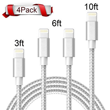 iPhone Cable,AOFU Lightning Cable 4Pcks 3FT 6FT 6FT 10FT to USB Syncing and Charging Cable Data Nylon Braided Cord Charger for iPhone 7/7 Plus/6/6 Plus/6s/6s Plus/5/5s/5c/SE and more (Silver&White)