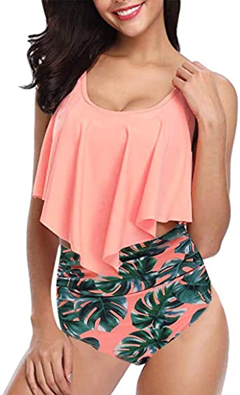 MiYang Women's Swimsuits Ruffled Flounce Bikini Top High Waist Tummy Control Bottoms Two-Piece Bathing Suits