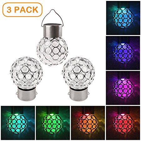 Solar LED Light Outdoor , Wrcibo 3 Pack Color Changing RGB Hanging Lamp Garden Decorative Globe Light Pathway Light Waterproof Lantern Silver with Hook for Christmas Holiday