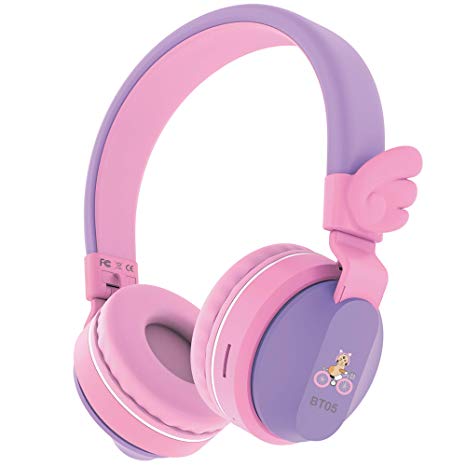 Headphones, Riwbox BT05 Wings Kids Headphones Wireless Bluetooth Over Ear 85dB/103db Volume Control Children Foldable Headphones with Mic/TF Card Compatible for iPad/iPhone/PC/School (Purple&Pink)