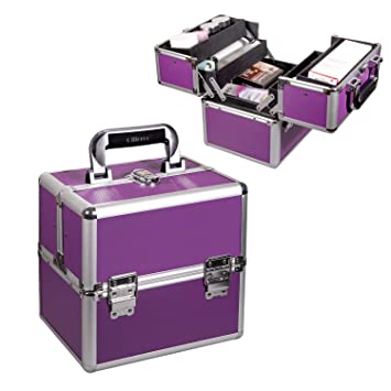 Ollieroo Makeup Train Case Professional 9.8" Aluminum Make Up Cosmetic Artist Organizer with Key Lock and 4 Trays Makeup Case Makeup Trunk Caboodles Cases Makeup Storage Box Purple Makeup Case