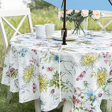 Benson Mills Spillproof Spring/Summer Fabric Outdoor Tablecloth with Umbrella Hole, Zippered Table Cloth for Round Tables, Picnic/Patio (Blooming Floral, 70" Round with Umbrella Hole)