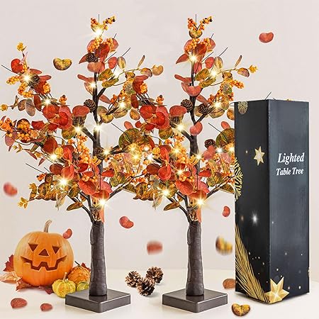 Ethlomoer 2Pack 24 Inch Artificial Fall Eucalyptus Tree, Prelit 48 LEDs for Thanksgiving Decorations Fall Decor, Battery Operated with Timer, Lighted Autumn Table Tree for Harvest Home Indoor Decor