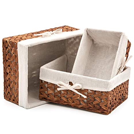 EZOWare Set of 3 Natural Woven Water Hyacinth Nesting Wicker Storage Baskets Organizer Container Bins with Linen Liner - Brown