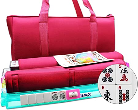 Mose Cafolo~ American Mahjong Set - Red Burgundy Soft Bag - 166 White Engraved Tiles, 4 All-in-One Rack/Pushers Western Mah Jongg Game Set