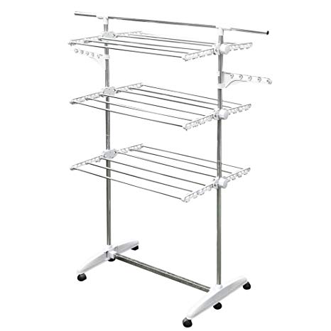 KP Solution BYC Foldable 3 Tier Laundry Clothes Drying Rack, Rolling Sorter and Organizer, Stainless Steel Rods, Hangers, Swivel Casters