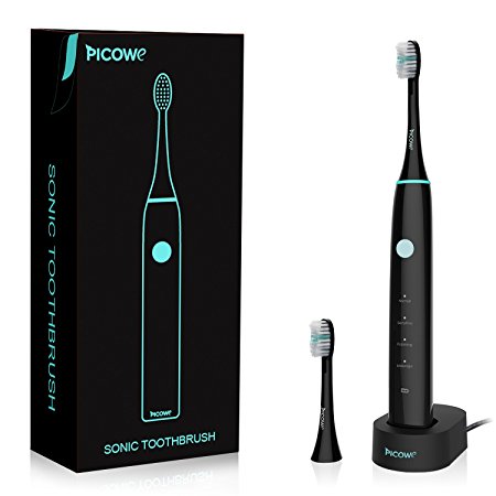Sonic Toothbrush, Picowe Waterproof Rechargeable Electric Toothbrush Fully Washable with Vibration 37500 / Minute 4 Options Modes 3 Weeks Use Travel Lock Function / 2 Replacement Brush Heads (Black)