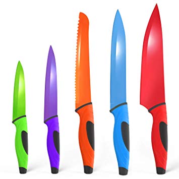 Knife Set, QcoQce 5 Kitchen Knives with 5 Knife Sheath Covers, Chef Knife Sets with Carving Serrated Utility Chef's and Paring Knives - Colored Knife Set FDA Approval (Kitchen Knife)