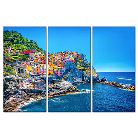 3 Pieces Modern Canvas Painting Wall Art The Picture For Home Decoration Cityscape Traditional Port Mediterranean Sea Cinque Terre Italy Coast Landscape Print On Canvas Giclee Artwork For Wall Decor