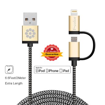 Apple ChargerF-color8482 6ft Braided 2-in-1 Lightning Cable with 8 Pin and Micro USB Connectors for iPhone 6s 6s Plus 6 6 Plus 5 5s 5c iPad Pro iPad Mini 4 iPad Air 2 iPod 5 Sumsung HTC Motorola Gold