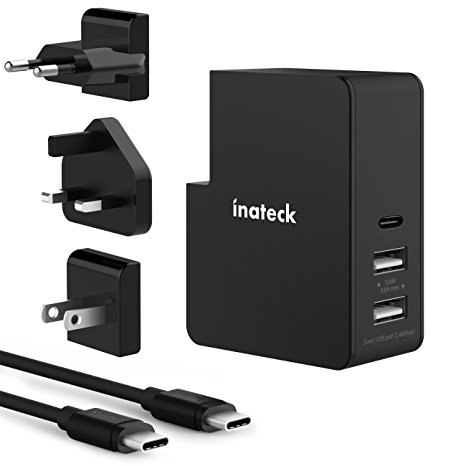 Inateck 3-Ports 45W USB Wall Charger with 30W USB C PD 3.0 & 5V/2.4A USB Ports for MacBook, iPhone X/8, iPad Pro, Nintendo Switch, Pixel XL, Include Three EU/UK/US Travel Plugs and a 2M USB C-C Cable