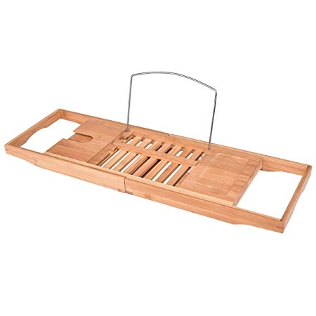 Giantex Bamboo Bathtub Caddy with Extending Sides, Bamboo Bath Tray with Extending Sides, Reading Rack, Wine Glass, Book and Tablet Holder