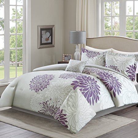 Comfort Spaces – Enya Comforter Set - 5 Piece – Purple, Grey – Floral Printed – Full/Queen size, includes 1 Comforter, 2 Shams, 1 Decorative Pillow, 1 Bed Skirt