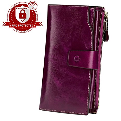 RFID Block Wallet, Lecxci Women's Wax Genuine Leather Multi Credit Card Pouch Clutch Wallet with Cell Phone Holder (Purple RFID Blocking)