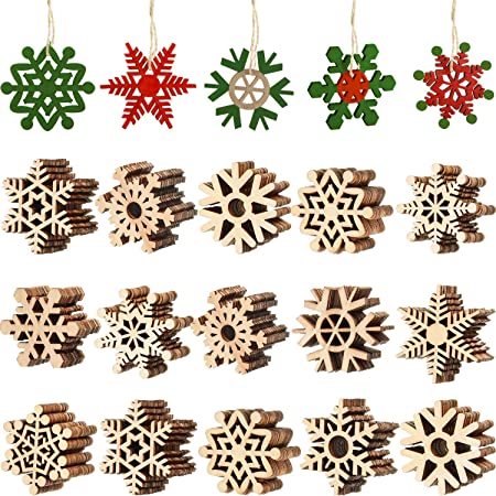 Blulu 100 Pieces Christmas Wooden Snowflake Unfinished Wooden Snowflake Cutouts Hollowed Snowflakes Embellishments Christmas Tree Hanging Ornaments with Cord for Christmas Decoration Craft (2 Inches)