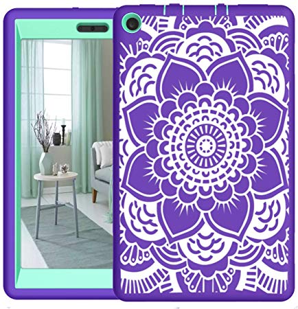 Hocase Fire HD 8 2018/2017 Girls Case, Shockproof Protection Soft Silicone Rubber Hard Plastic Bumper Hybrid Protective Case with Cute Flower Design for Fire HD 8 Tablet (8th/7th Generation) - Purple