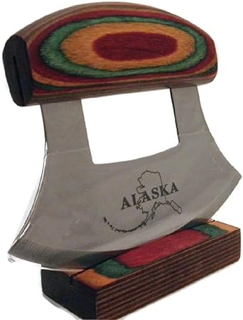 Multi-Colored Exotic Wood Handled Ulu with Stand