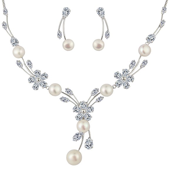 EleQueen Women's Cubic Zirconia Simulated Pearl Flower Bridal Necklace Earrings Jewelry Set Ivory Color