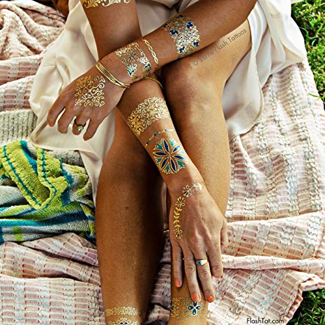 Flash Tattoos Isabella Authentic Metallic Temporary Jewelry Tattoos 4 Sheet Pack (Metallic Gold/blue/green) Includes over 33 premium waterproof floral inspired tattoos