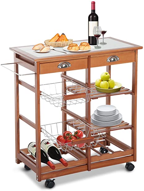 HOMCOM Carrito para Cocina Multifuncional Carrito Auxiliar de Madera con Gran Espacio de Almacenaje Cajones Cestas Estantes 4 Ruedas Freno