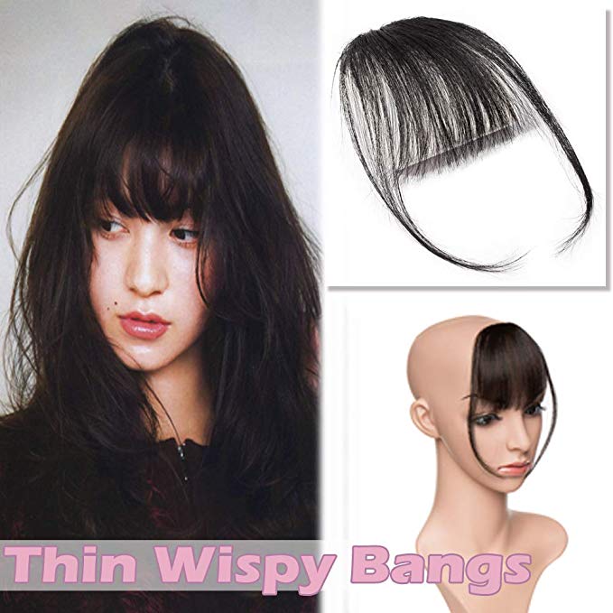 Clip in Hair Bangs Human Hair Black Clip on Hair Fringe Extensions Flat Wispy Air Fringe Thin with Temple for Women One-piece 5" Hairpiece #1 Jet Black