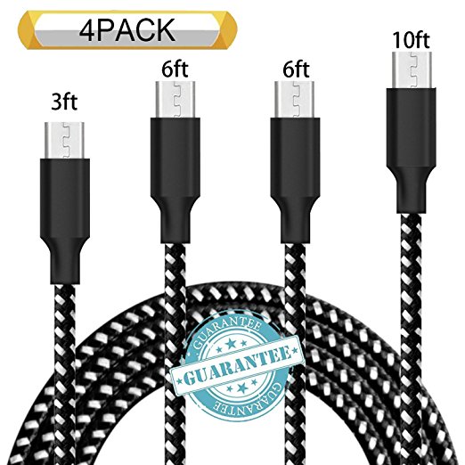 DANTENG Micro USB Cable,4Pack 3FT 6FT 6FT 10FT Long Premium Nylon Braided Android Charger USB to Micro USB Charging Cable Samsung Charger Cord for Samsung Galaxy S7 Edge S7 S6 S4,Note 5 4 Black White