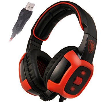 SADES SA906 7.1 Stereo Surround Sound Pro USB PC Gaming Headset Over-Ear Headband Headphones with HiFi Microphone Vibration Function Volume Control Remote Red LED Lighting(Black)