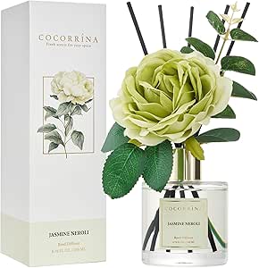 Cocorrína Flower Reed Diffuser - Jasmine Neroli 6.7oz Scented Diffuser with Sticks Home Fragrance Essential Oil for Bathroom Shelf Decor (Artificial Flower)