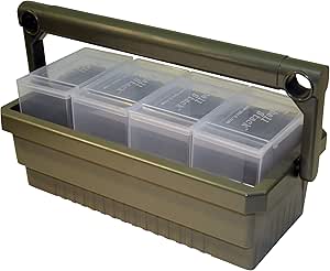 MTM SSC Shotshell Box Caddy with 4 Shell Stackers, Strong comfortable handle, USA Made, Army Green Caddy, Clear Boxes