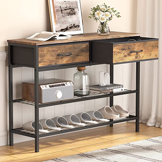 Lifewit 39.4” Console Entryway Table with 2 Fabric Drawers,3-Tier Industrial Sofa Table with Storage Shelves for Hallway, Living Room,Bedroom,Wood Top, Metal Frame, Rustic Brown, Easy Assembly