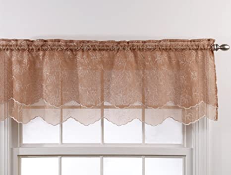 Stylemaster Renaissance Home Fashion Reese Embroidered Sheer Layered Scalloped Valance, 55-Inch by 17-Inch, Mocha