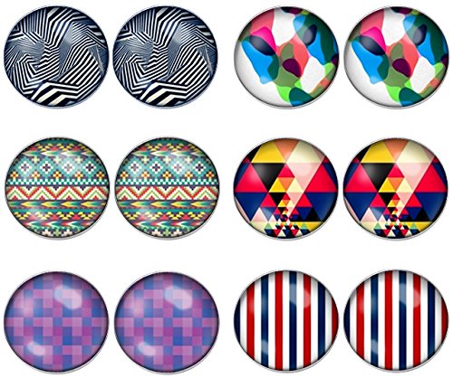 LilMents 6 Pairs of Mixed Pattern Impression Designs Round Stainless Steel Stud Earrings