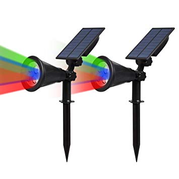 T-SUN [2 Pack 250 Lumens] LED Solar Spotlights, Color-Changing 4 LED Outdoor Security Garden Landscape Lamps, Auto-on/Auto-off,180°angle Adjustable for Patio,Tree,Deck,Wall, Pool Area (Colorful)