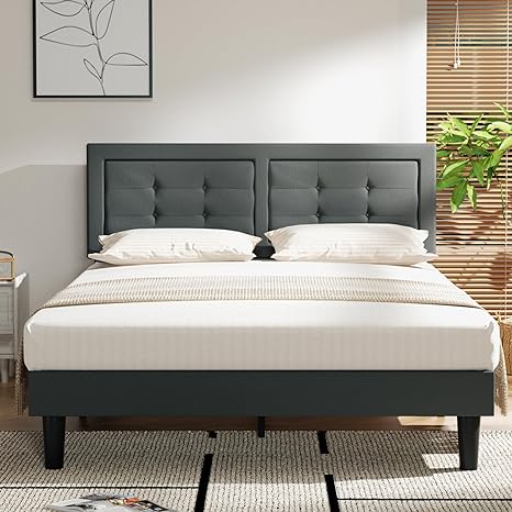 VECELO Full Size Upholstered Bed Frame with Height Adjustable Fabric Headboard, Heavy-Duty Platform Bedframe/Mattress Foundation/Strong Wood Slat Support/No Box Spring Needed, Dark Gray