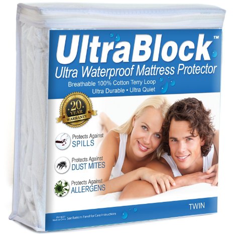 UltraBlock Twin Size Waterproof Mattress Protector - Premium Soft Cotton Terry Cover