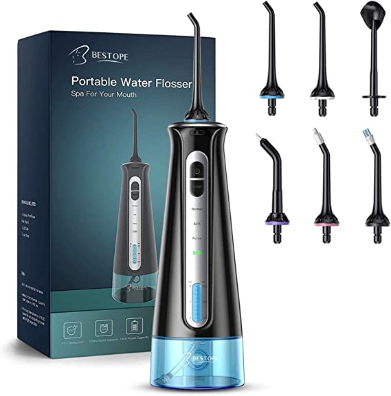 BESTOPE Water Flosser Cordless for Teeth, Electric Teeth Cleaner IPX7 Waterproof Portable and Rechargeable Dental Oral Irrigator with Semi-Hidden Tank 6 Jet Tips for Home Travel Braces & Bridges Care