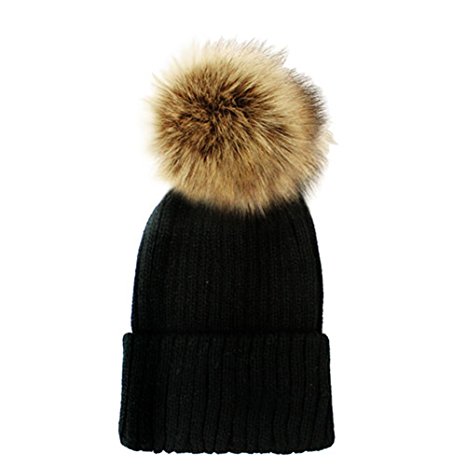Women's Winter Trendy Warm Faux Fur Pom Pom Fashion knit Beanie Hats MM3003