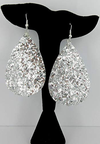 Silver Glitter Faux Leather Large Teardrop Dangle Earrings